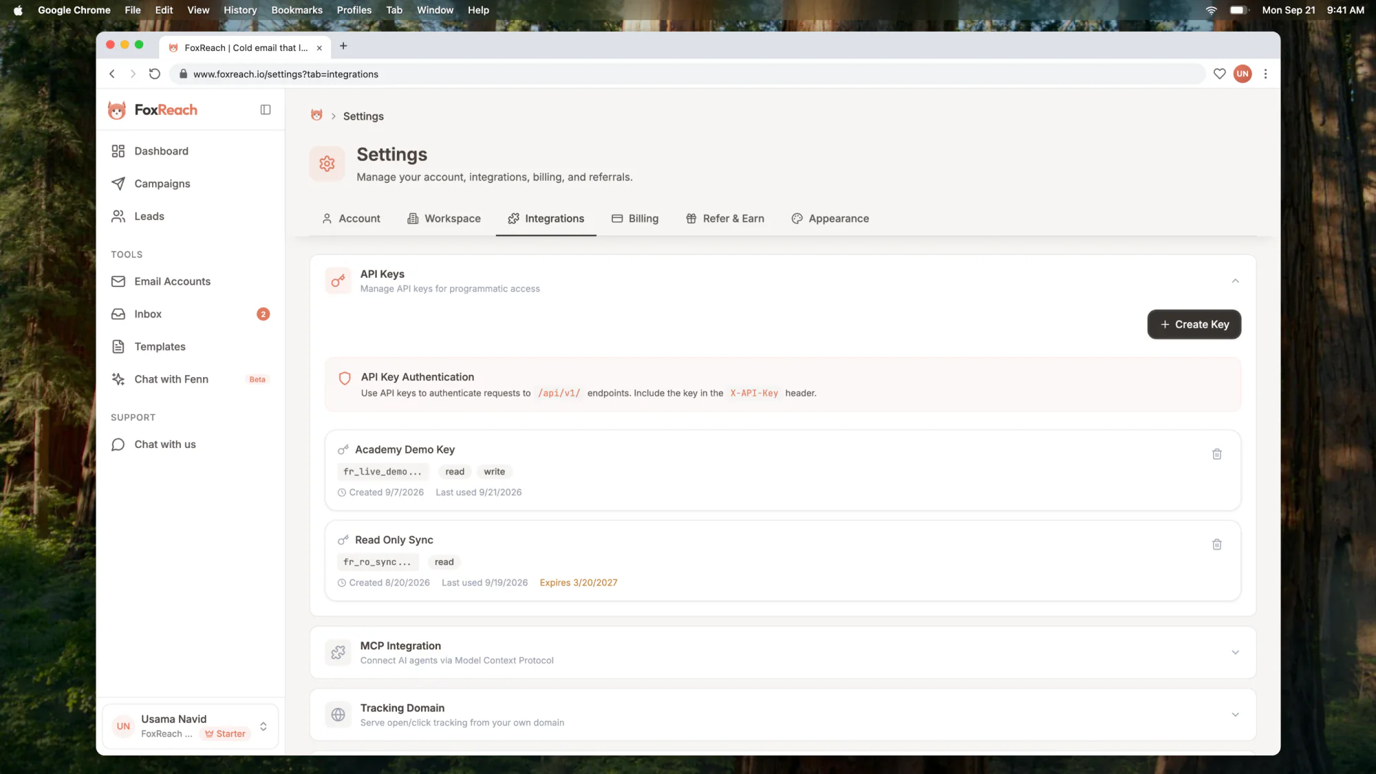 The Integrations settings with an API key and a webhook