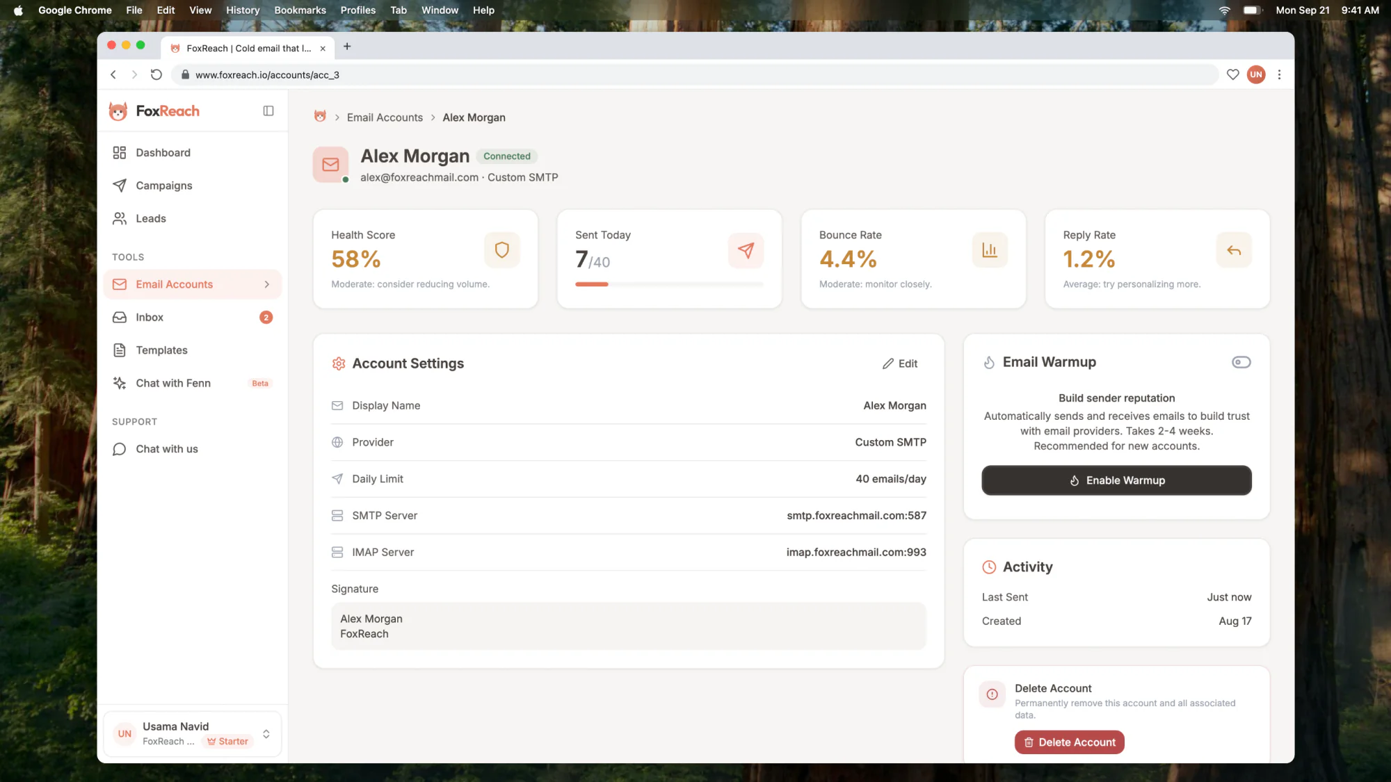 Warmup enabled on an email account, with its day counter and health score