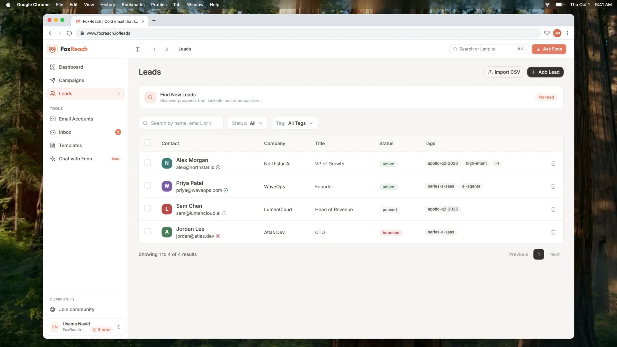 The Leads page with a verification icon next to each email: a green check for Good, a clock for Pending, a red cross for Bad