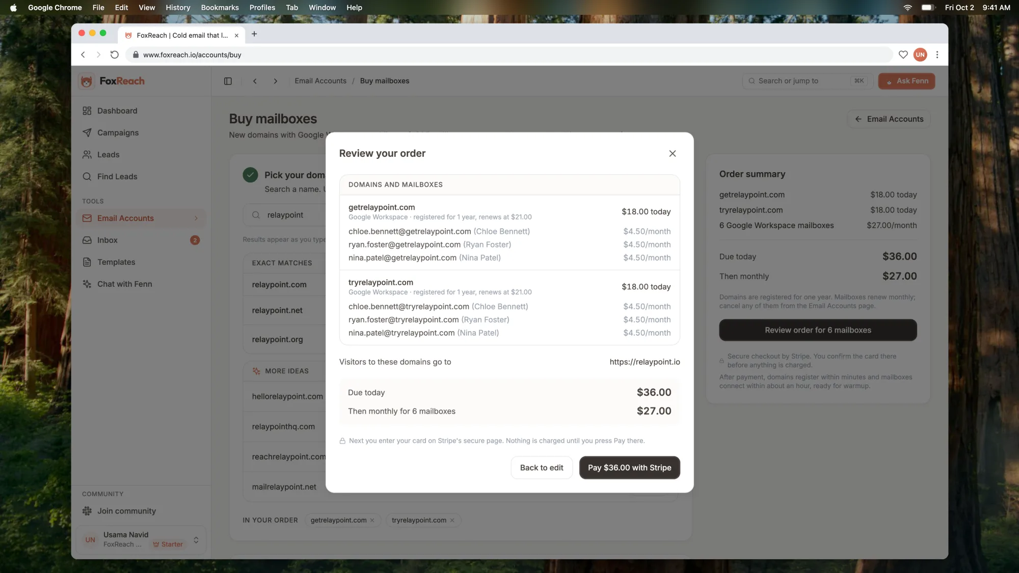 The order review listing two domains, six mailboxes, the amount due today and the monthly total