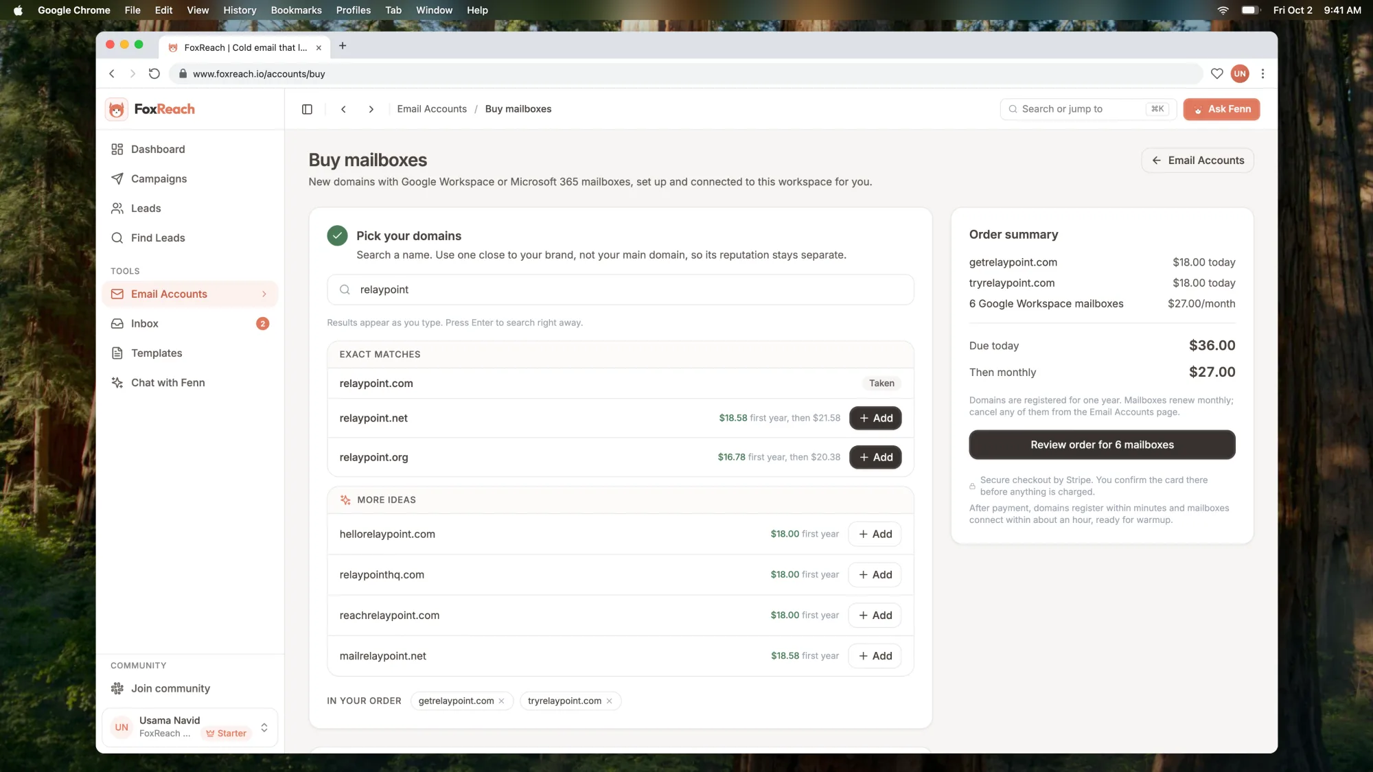 The Buy mailboxes page with available domains and their prices