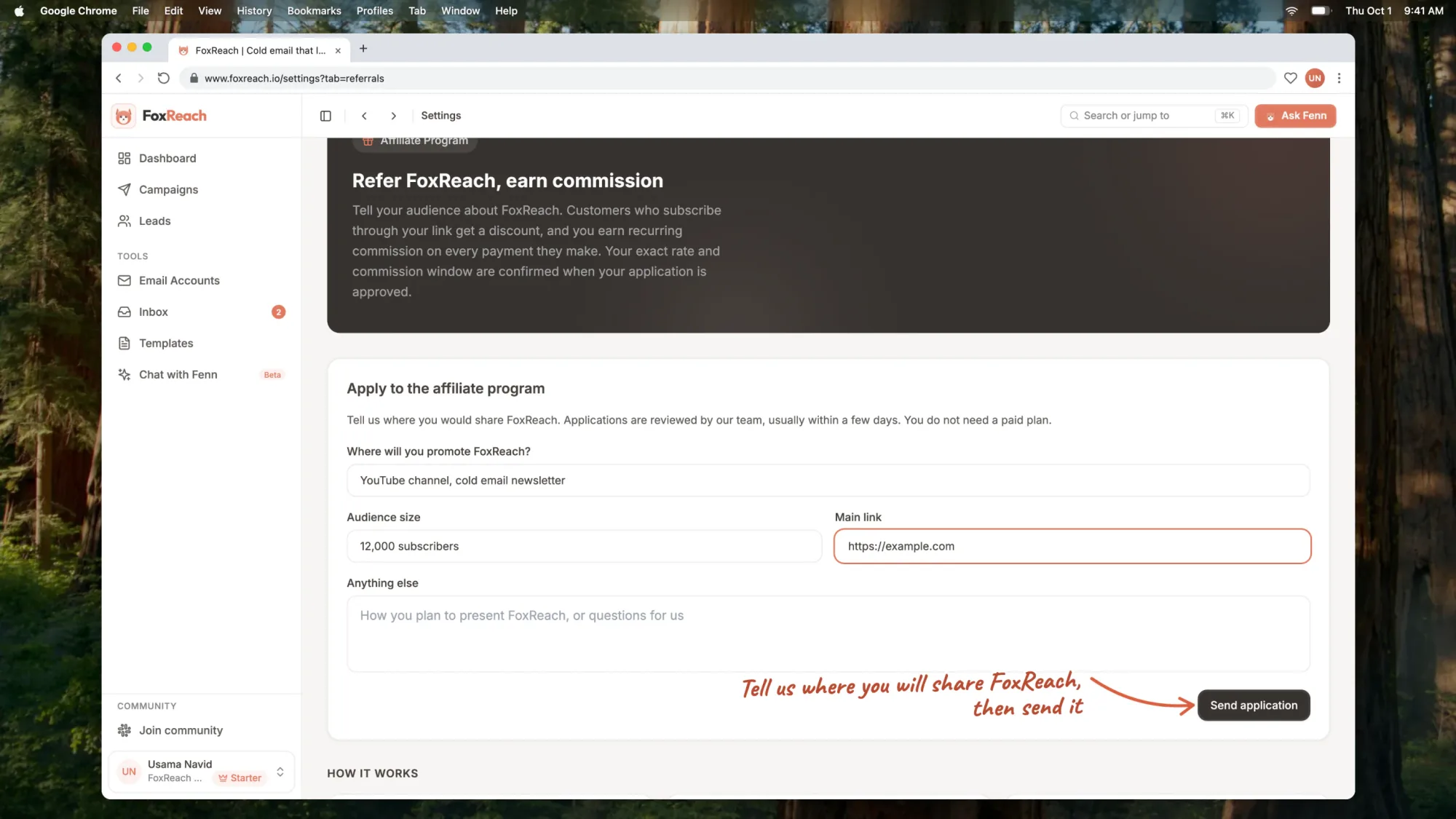 The Refer & Earn tab with the affiliate application form filled in