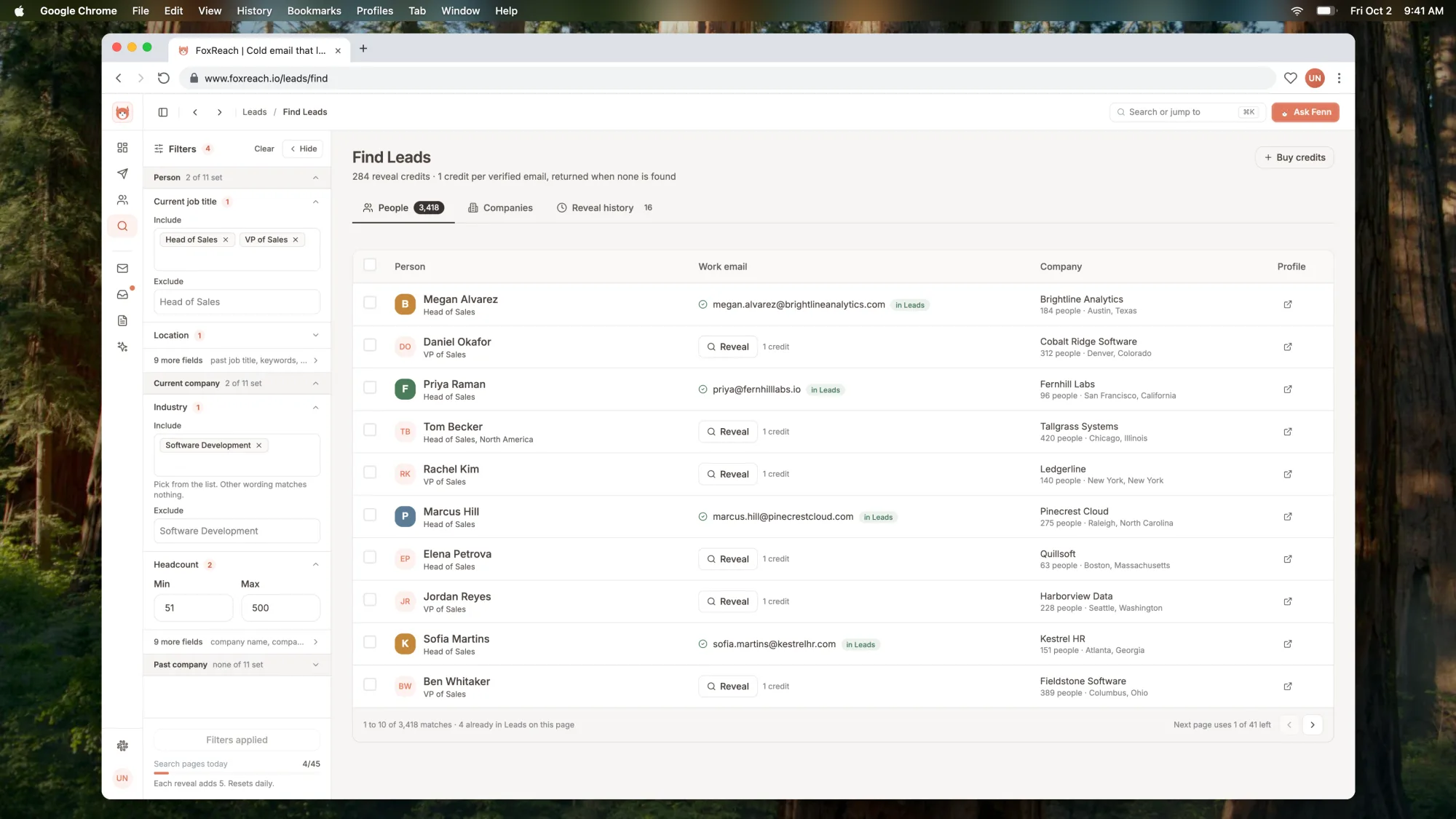 Lead Finder with the filter panel open beside a list of people and their revealed work emails