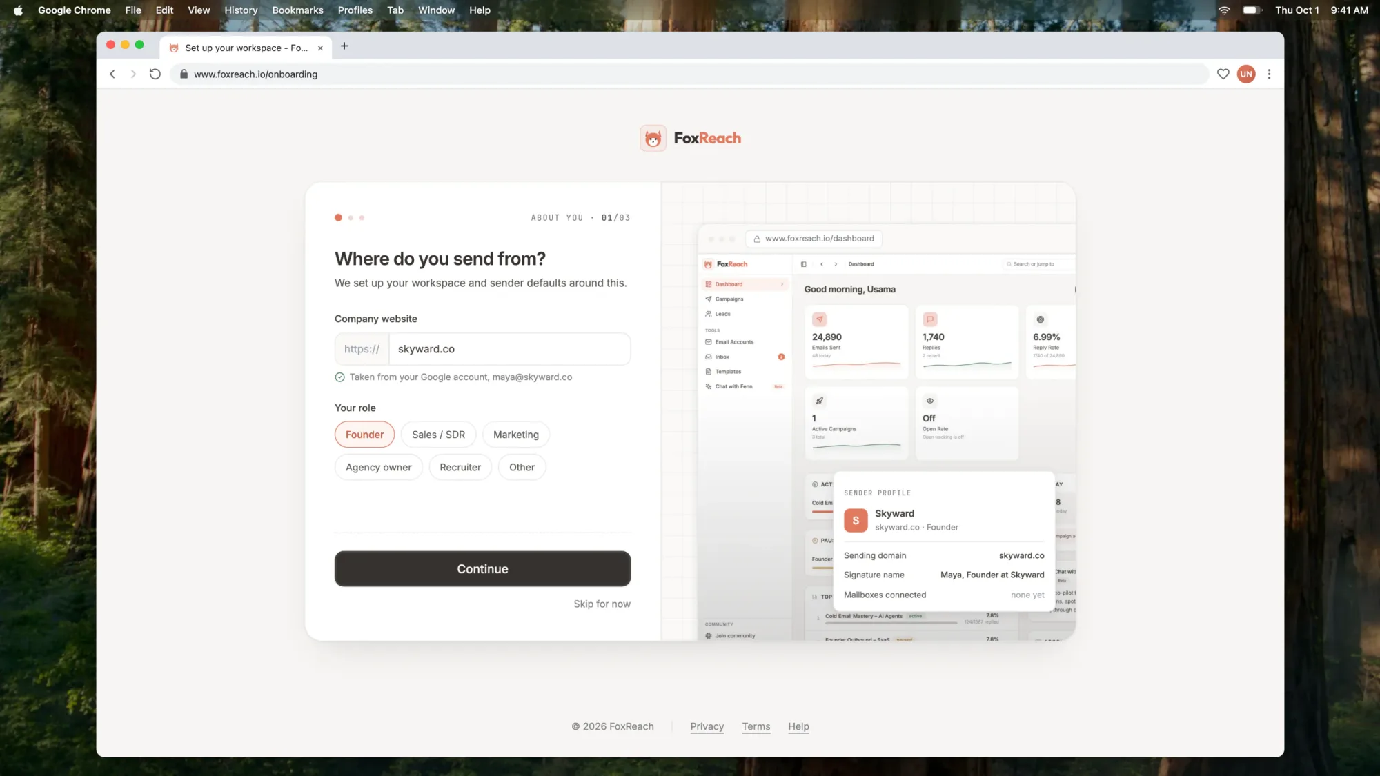 The first setup step with the company website filled in, role chips, and a live preview of the workspace
