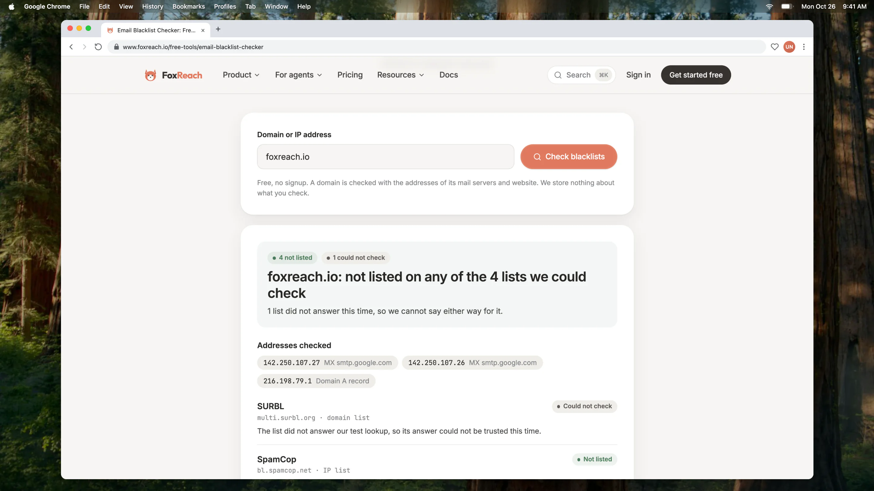 The Email Blacklist Checker showing foxreach.io not listed on the lists that answered, with the addresses it checked