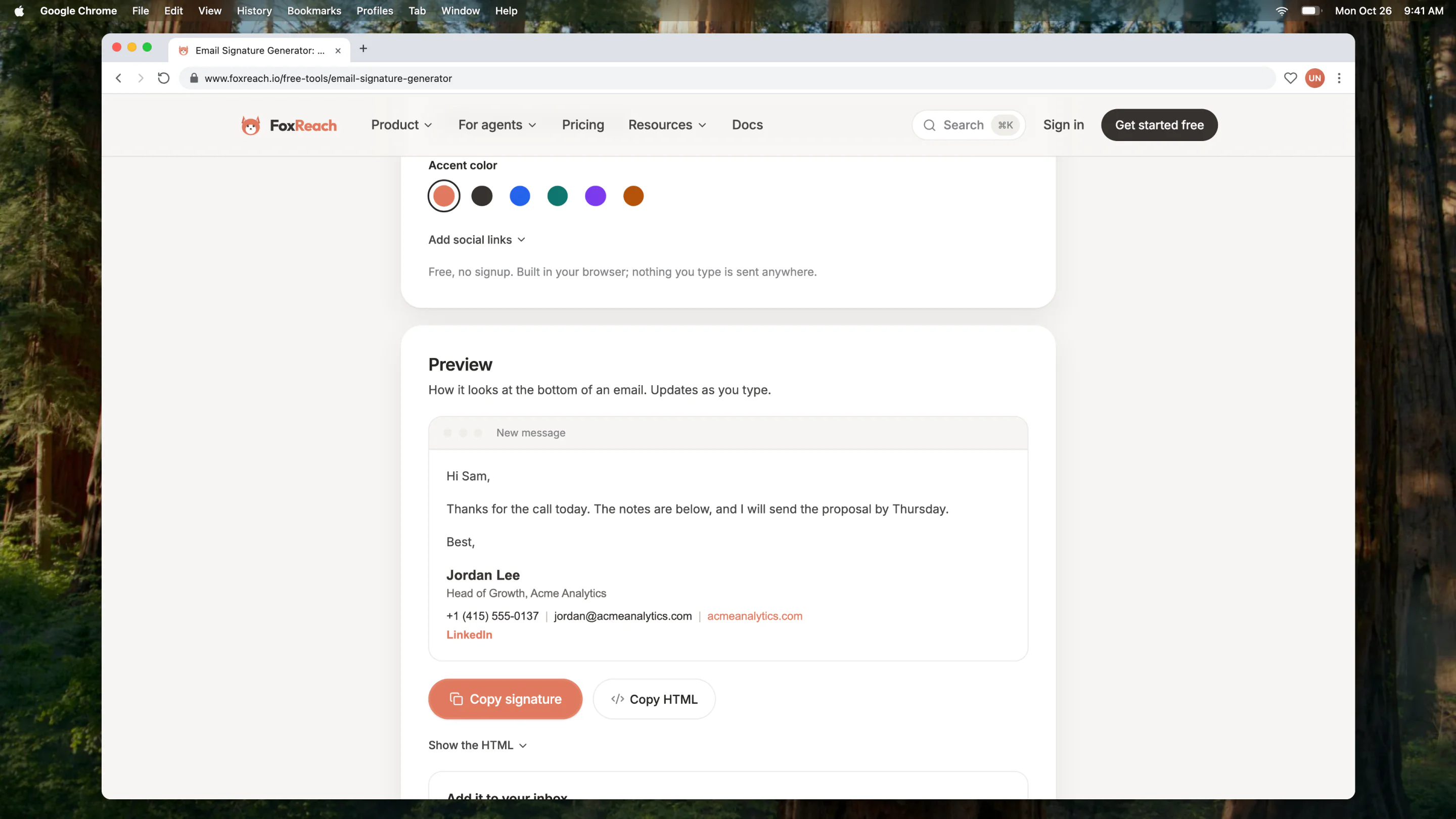 The Email Signature Generator preview showing a finished signature at the bottom of an email, with the Copy signature and Copy HTML buttons