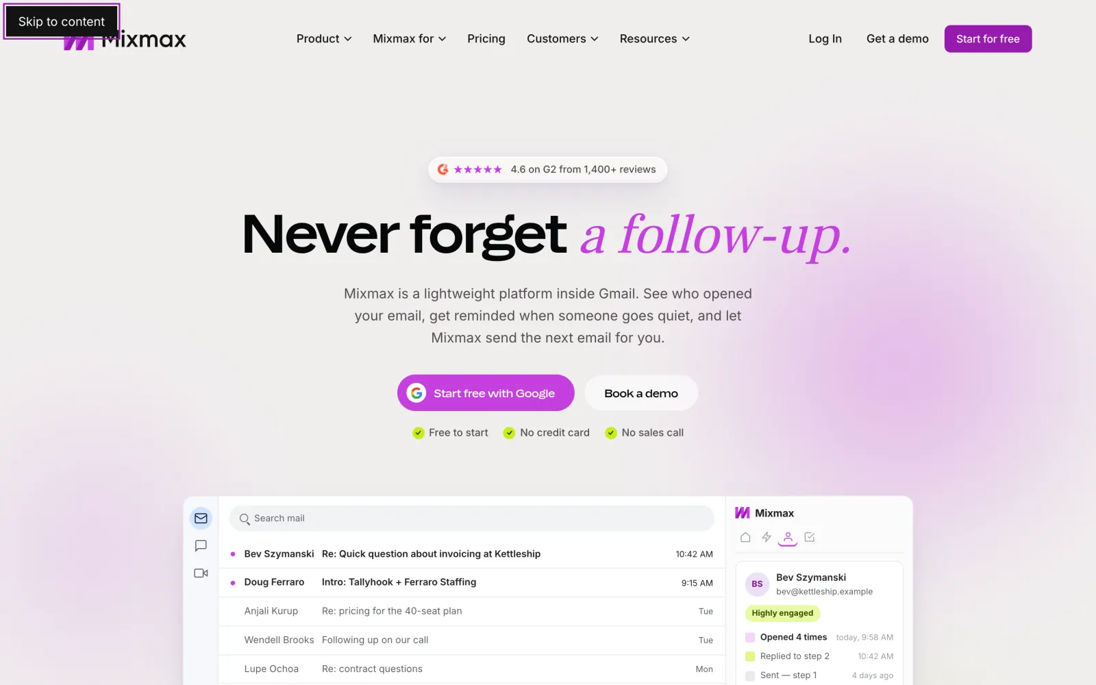 The Mixmax homepage at mixmax.com