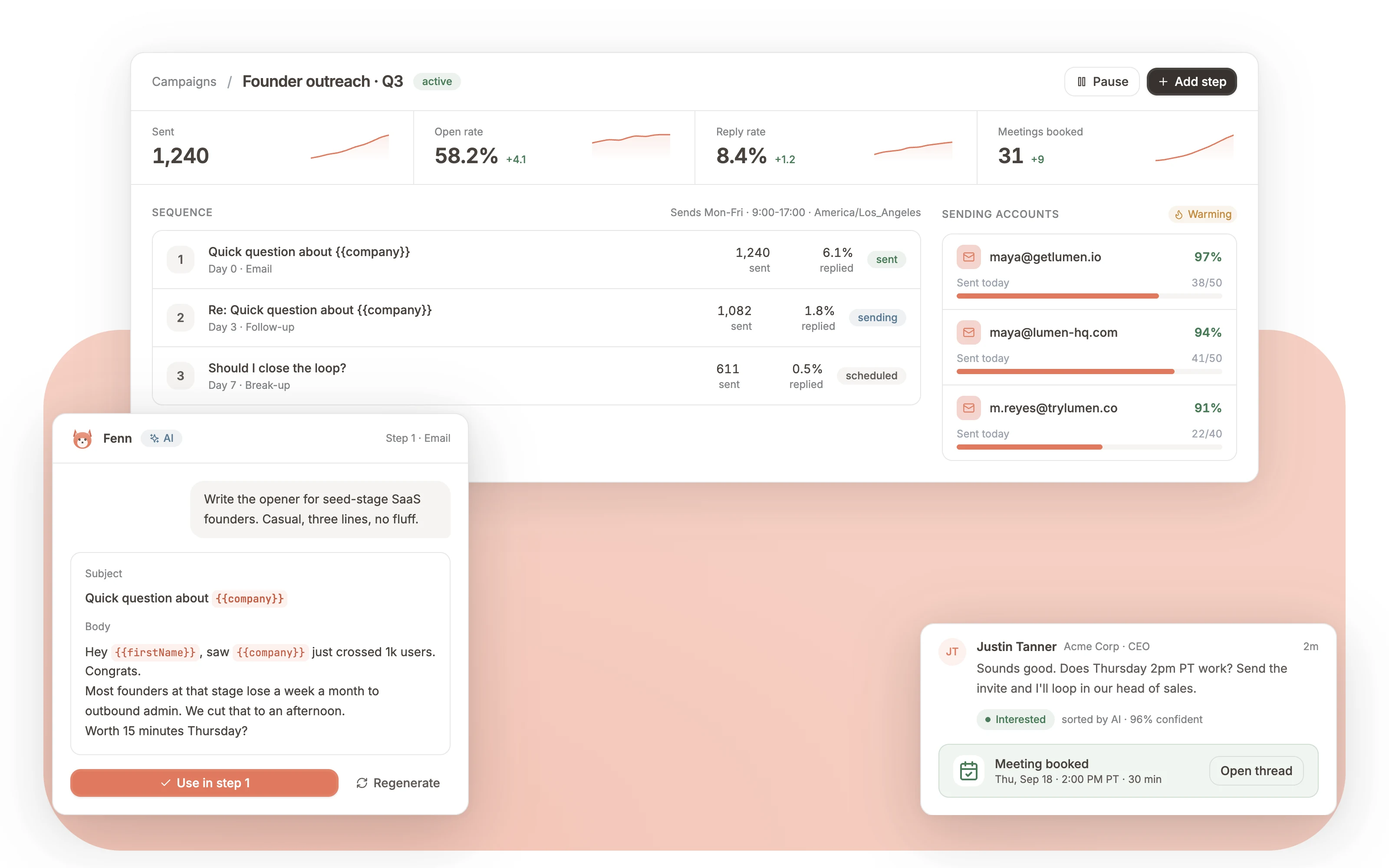 A FoxReach campaign with three sequence steps and live reply stats, Fenn drafting the opening email, and an interested reply that booked a meeting