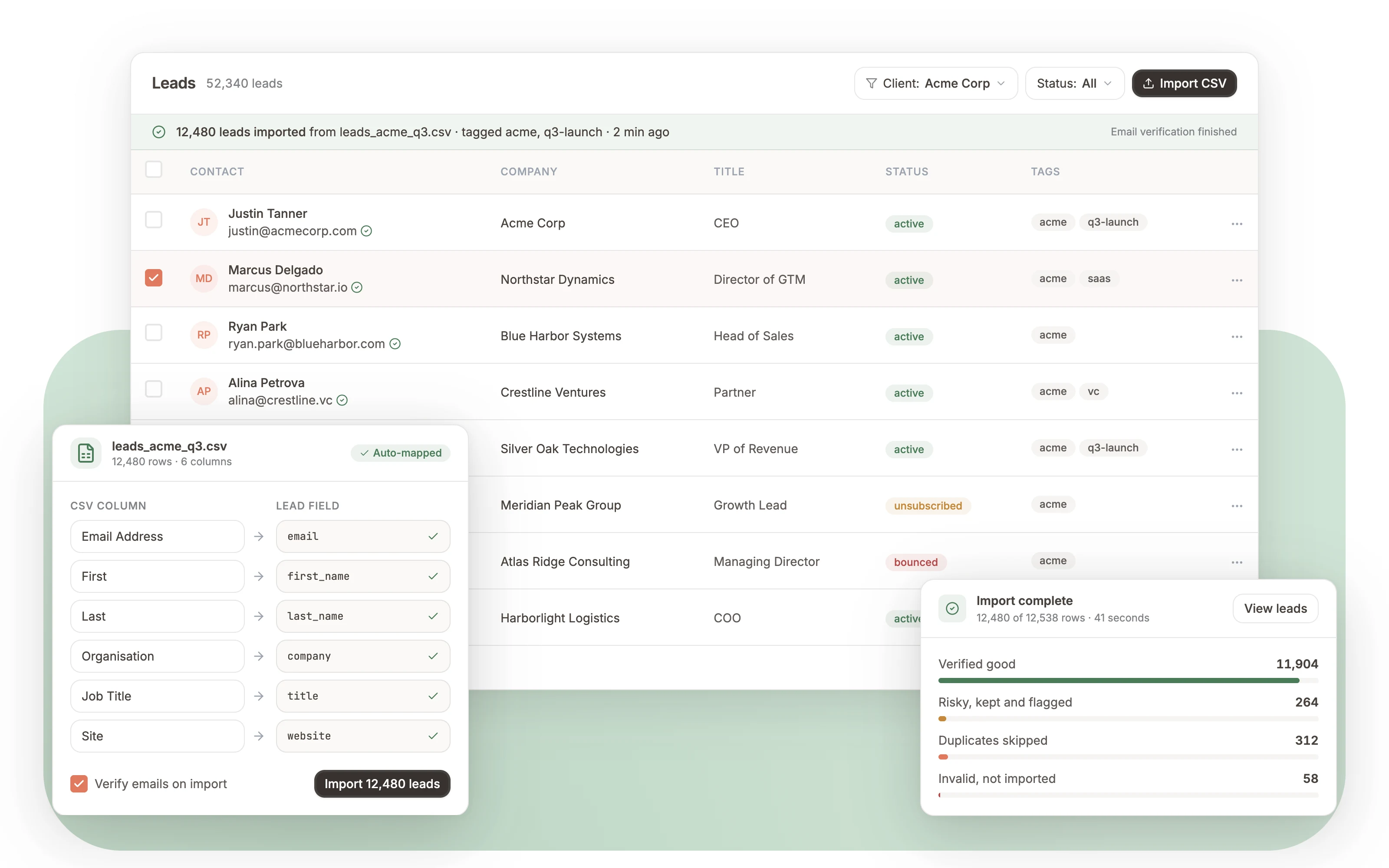 CSV import with columns mapped to lead fields