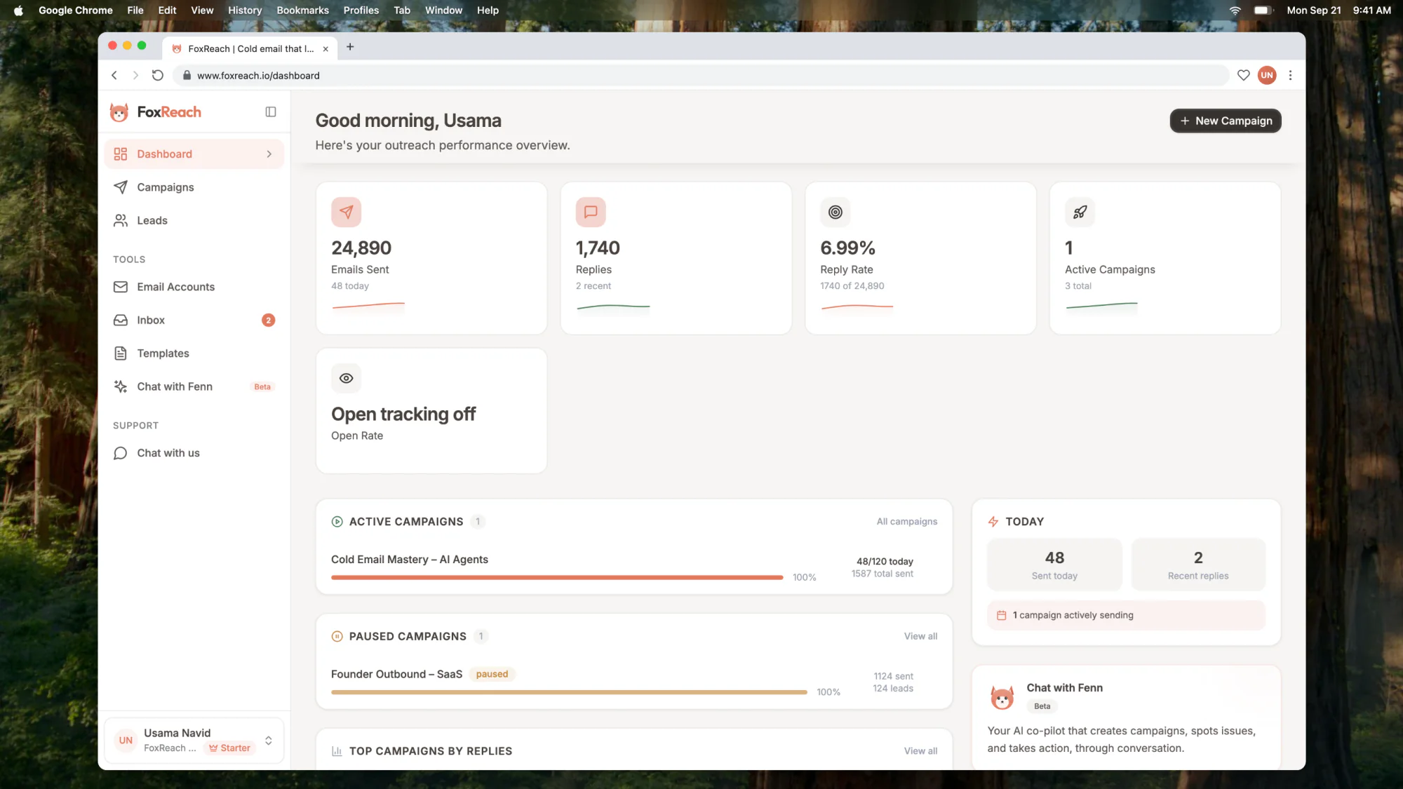 The FoxReach dashboard on launch day: emails sent, replies, reply rate and active campaigns