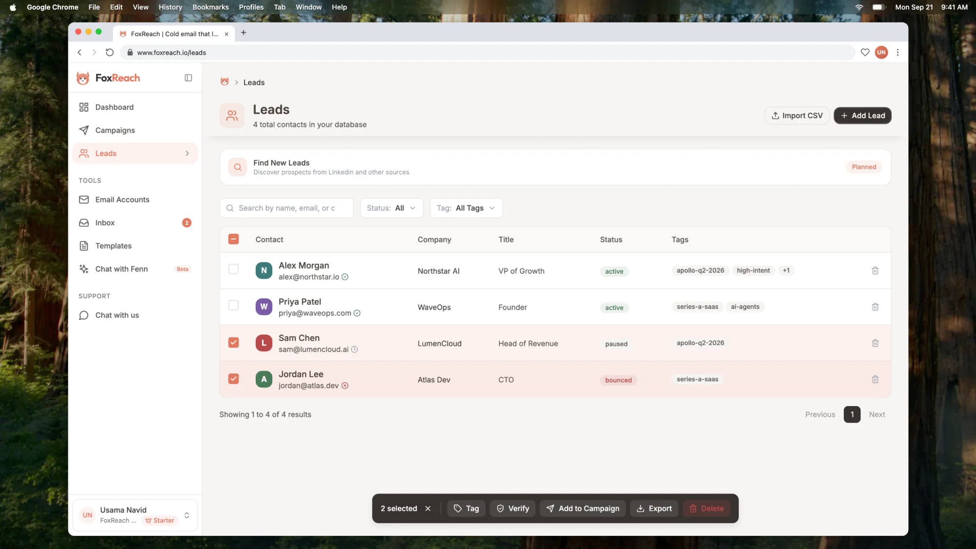 Selected leads on the leads page with Verify in the toolbar