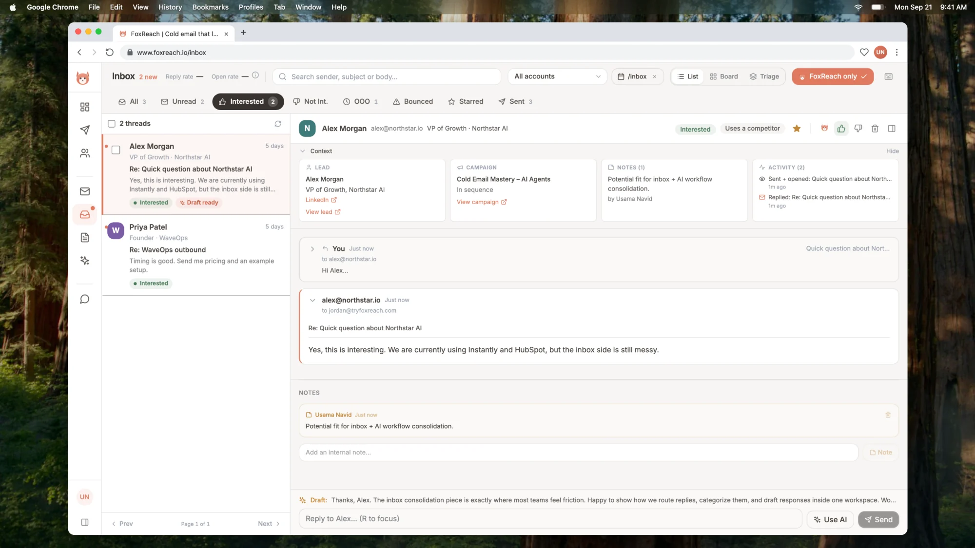 An open inbox thread with an Interested badge and a Uses a competitor chip beside it