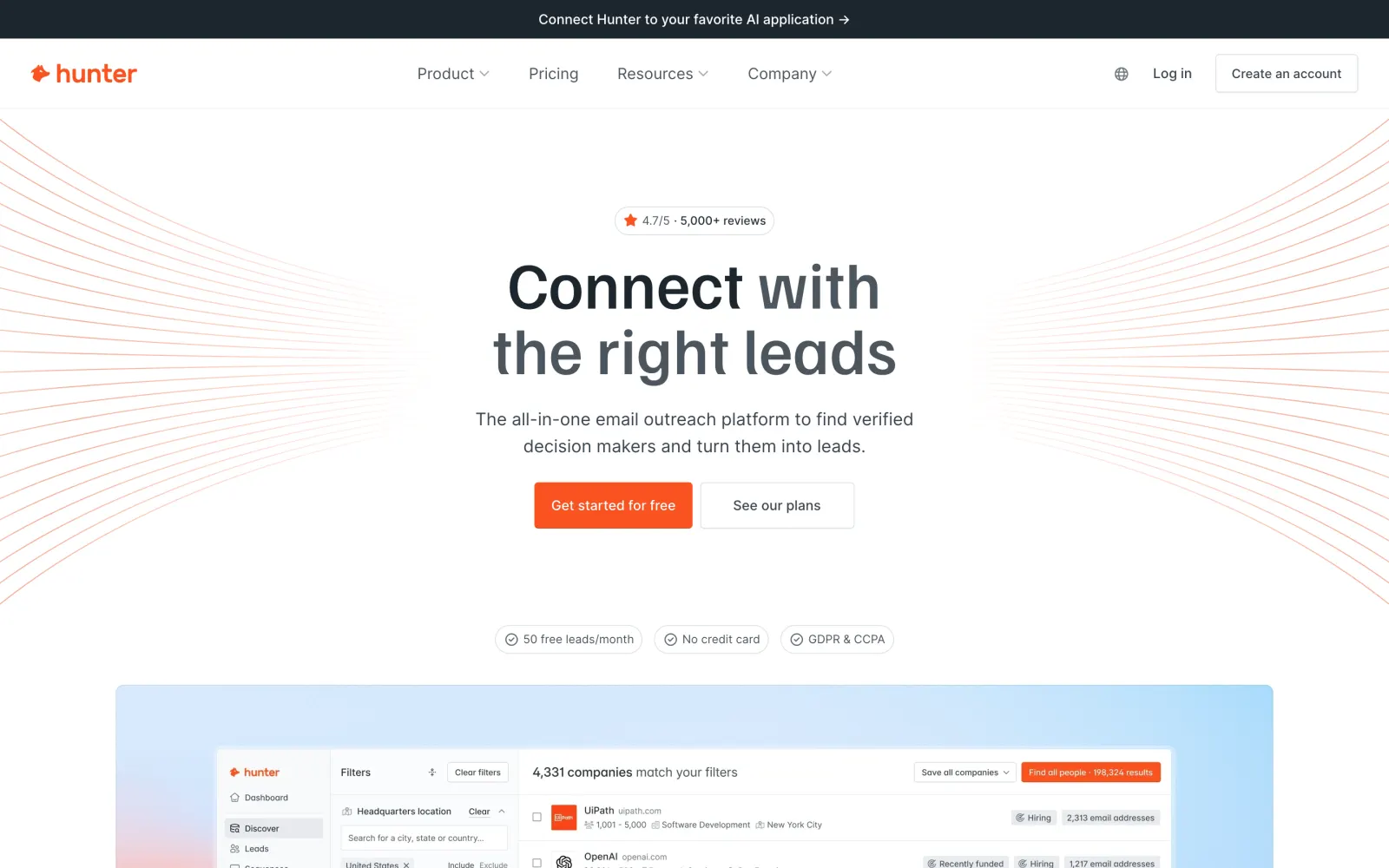 The Hunter.io homepage at hunter.io