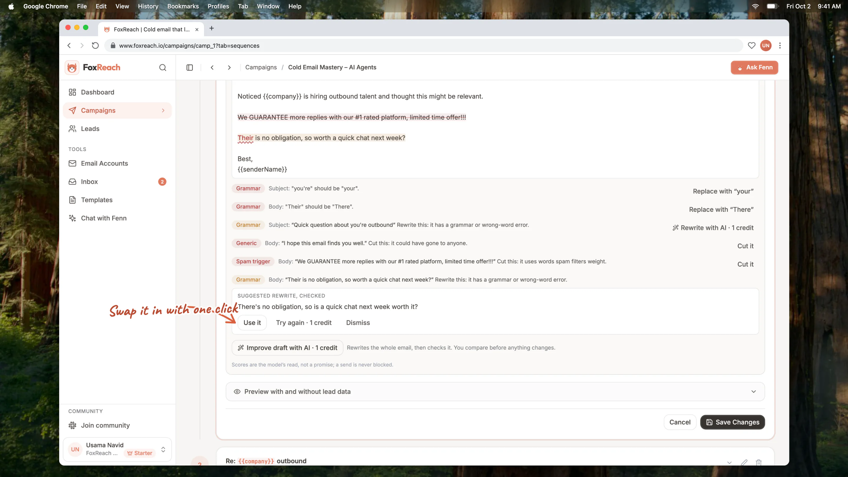 A checked rewrite suggestion under a flagged sentence