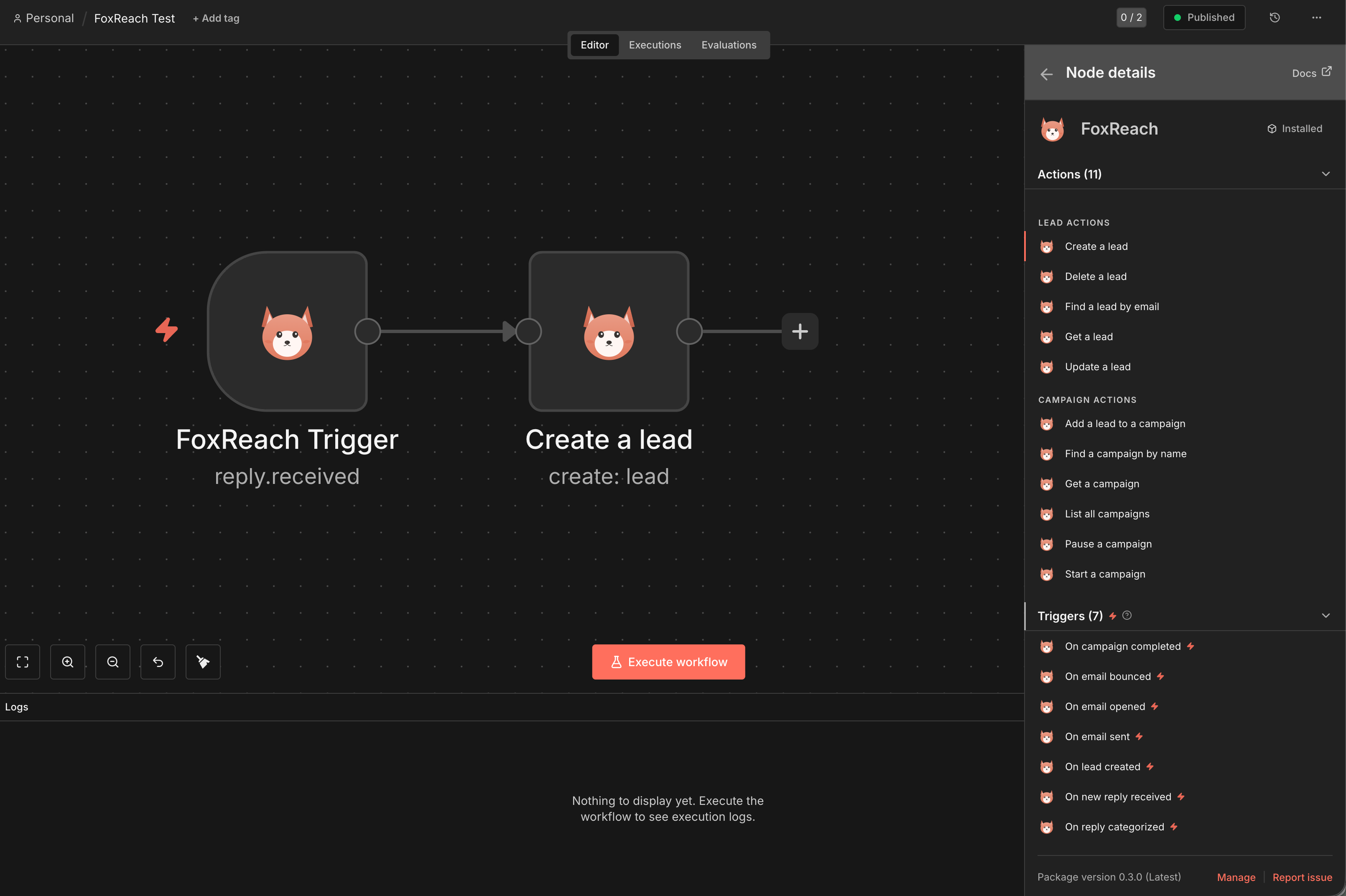 FoxReach node in n8n showing 11 actions and 7 triggers