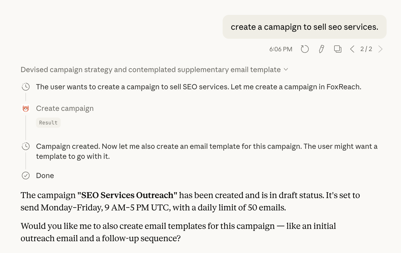 Claude Desktop using FoxReach MCP to create an SEO campaign